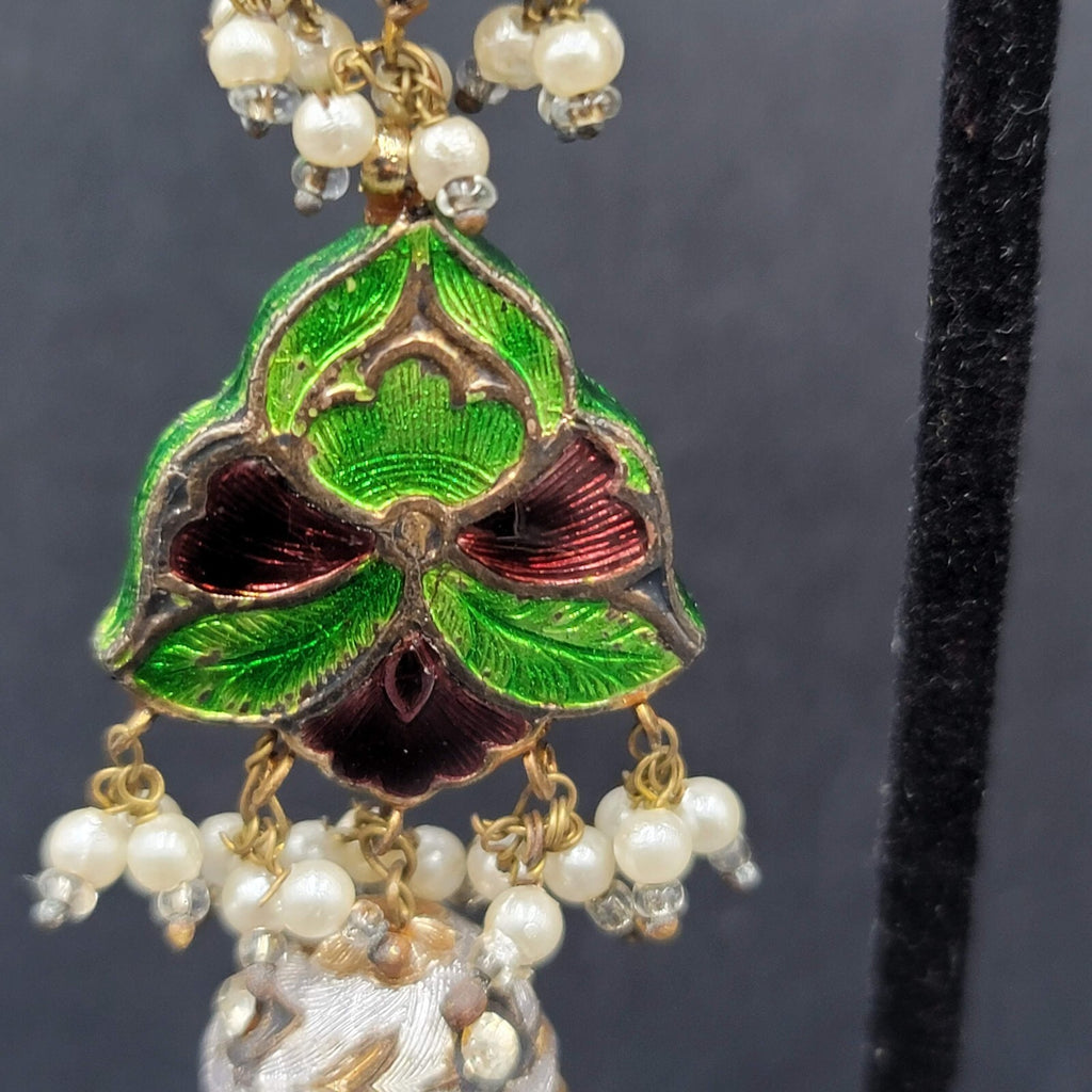 Clip on Earrings Large Enamel Guilloche Beaded Chandelier India Jewelry 2.75"