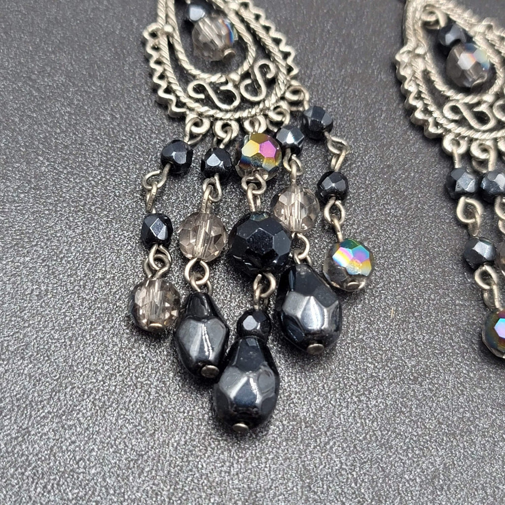 Pierced Earrings Silver tone Black AB Glass Beads Chandelier 3"