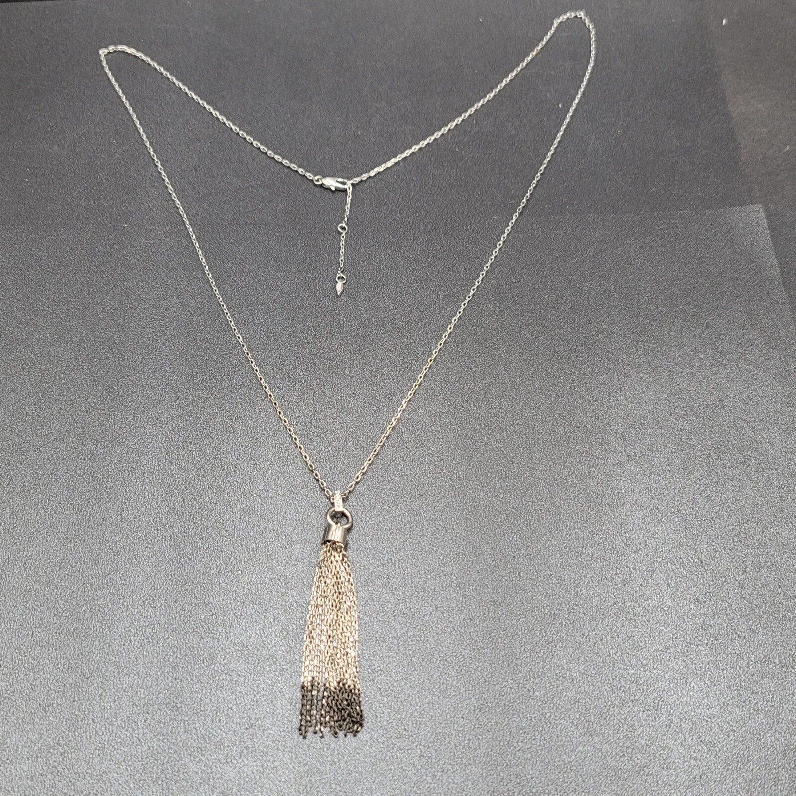 Fossil Tassel Pendant Necklace Silver tone Crystal Rhinestones Long 30"-32"