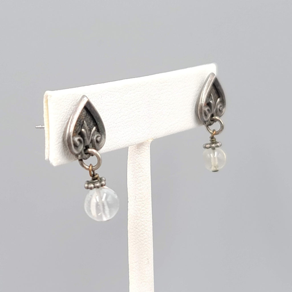 Vintage Pierced Earrings Dark Gray Clear Bead Dangle 1"