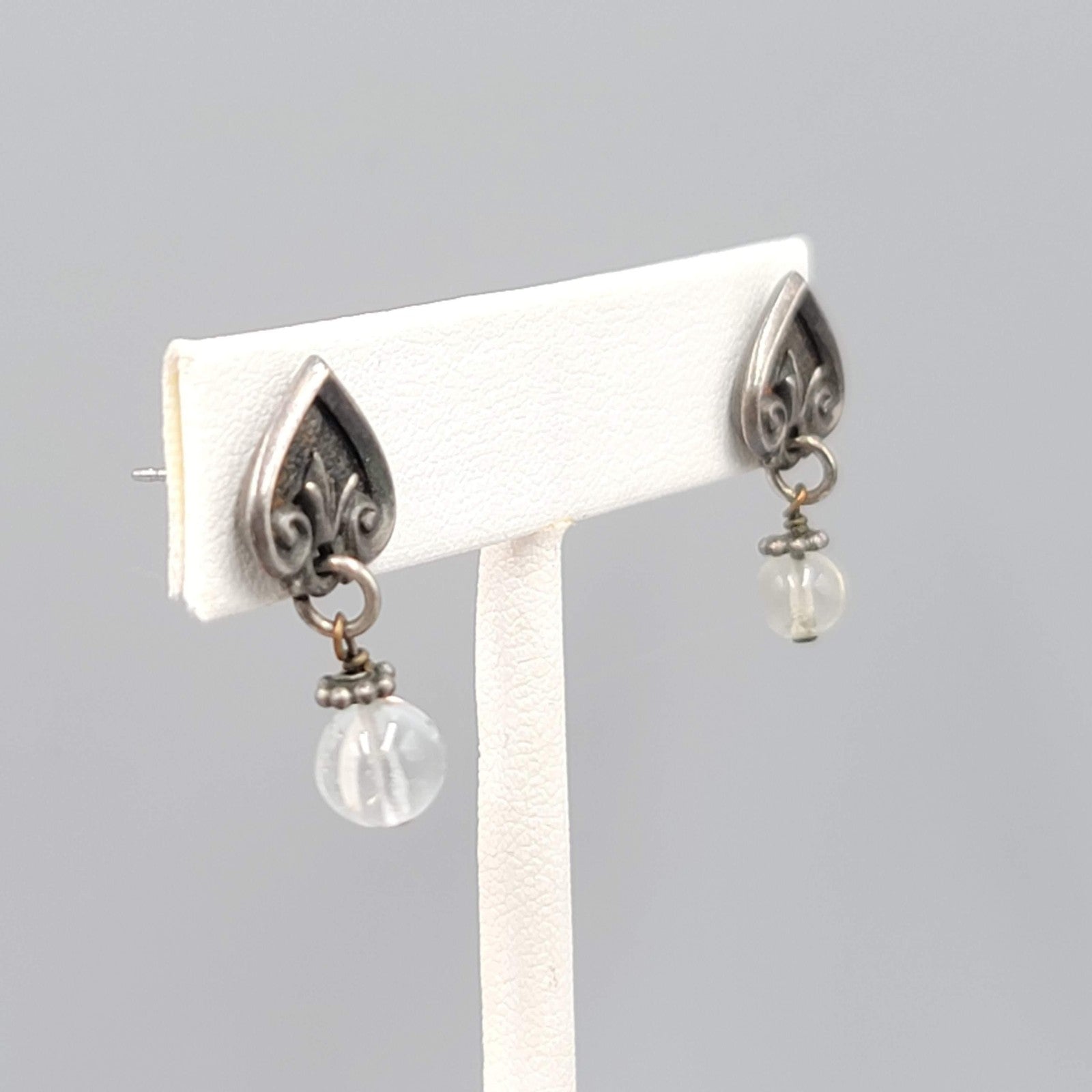 Vintage Pierced Earrings Dark Gray Clear Bead Dangle 1"