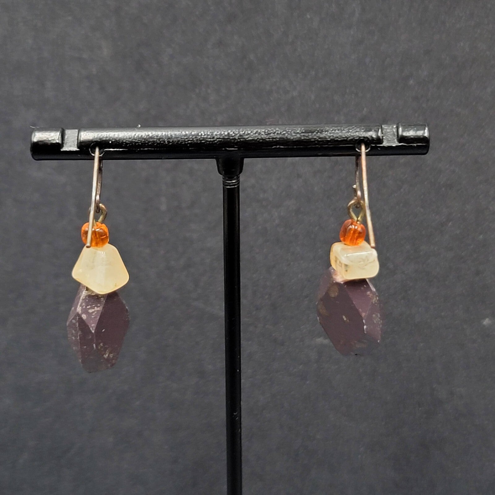 Pierced Earrings Bronze tone Acrylic Beads Natural Fall tones 1 1/8"