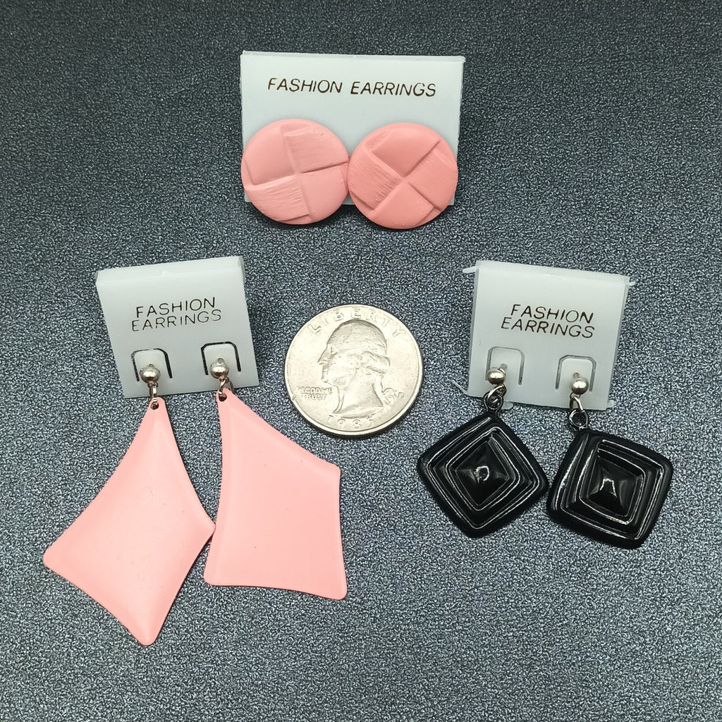 3 Pairs Vintage Pierced Earrings Pink Black Enamel Statement Dangle 80s NOS