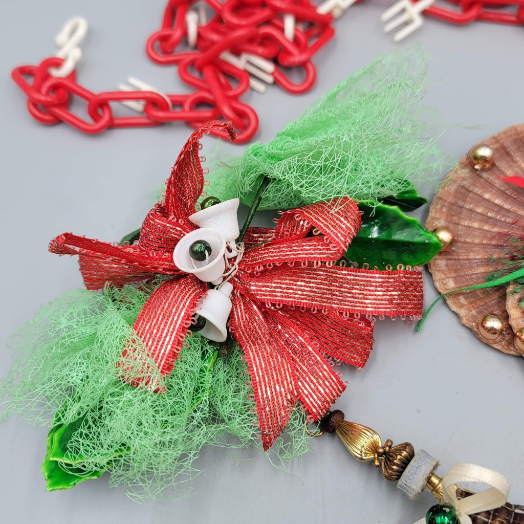 Vintage Christmas Ornaments Lot Red Plastic Chain Snowman Shell Angel