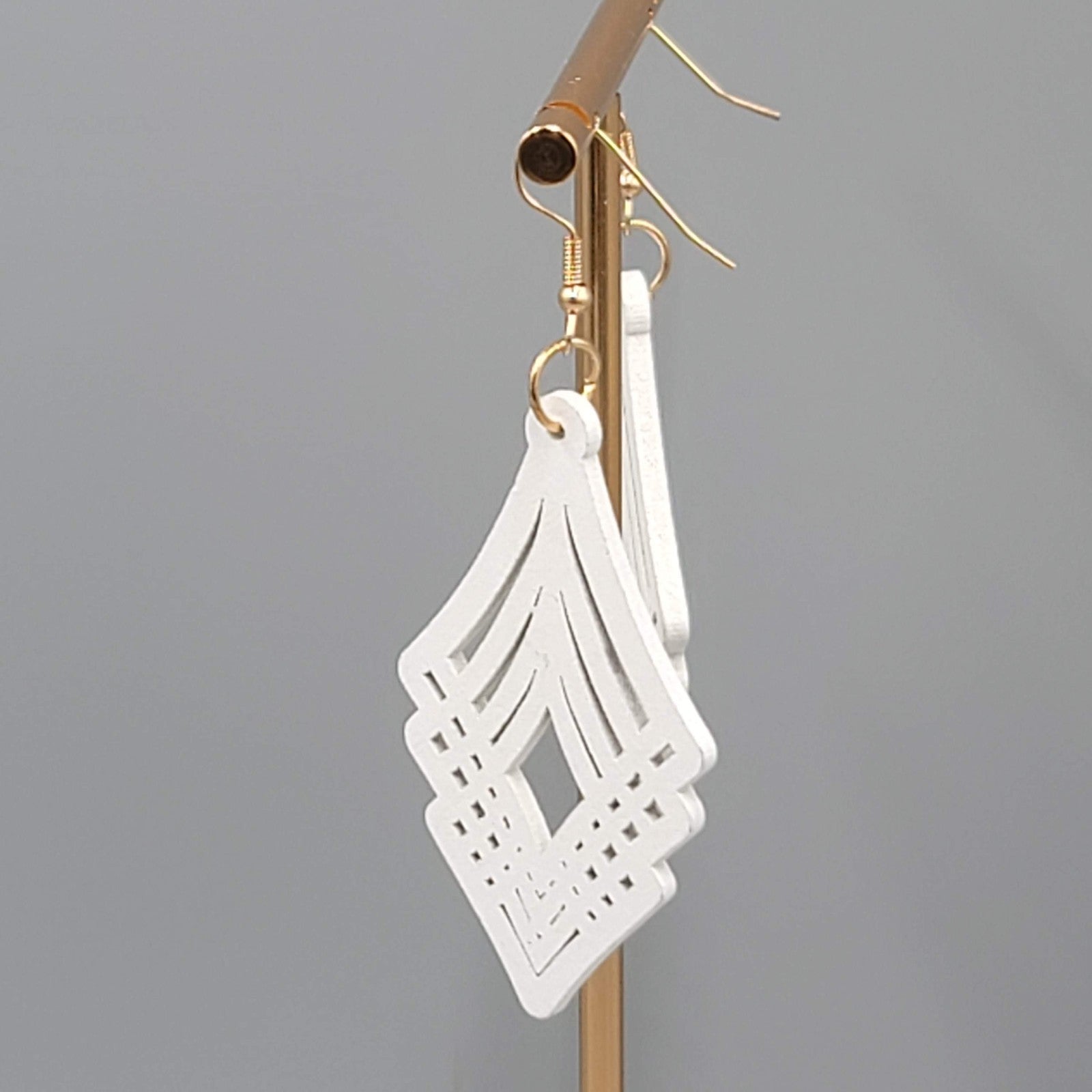 White Painted Laser Cut Wood Pierced Earrings Gold tone Dangle Statement 2 3/8"