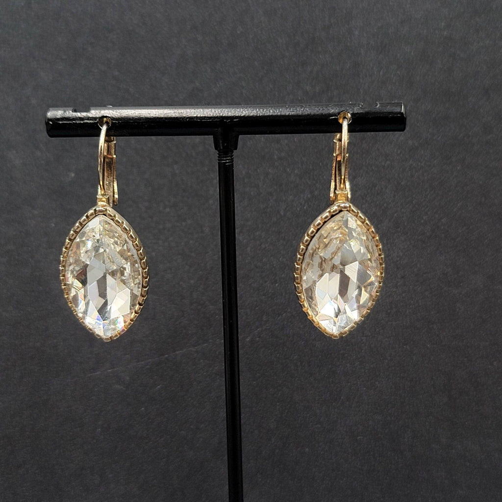 Pierced Earrings Gold tone Glass Faceted Marquis Dangle 1"