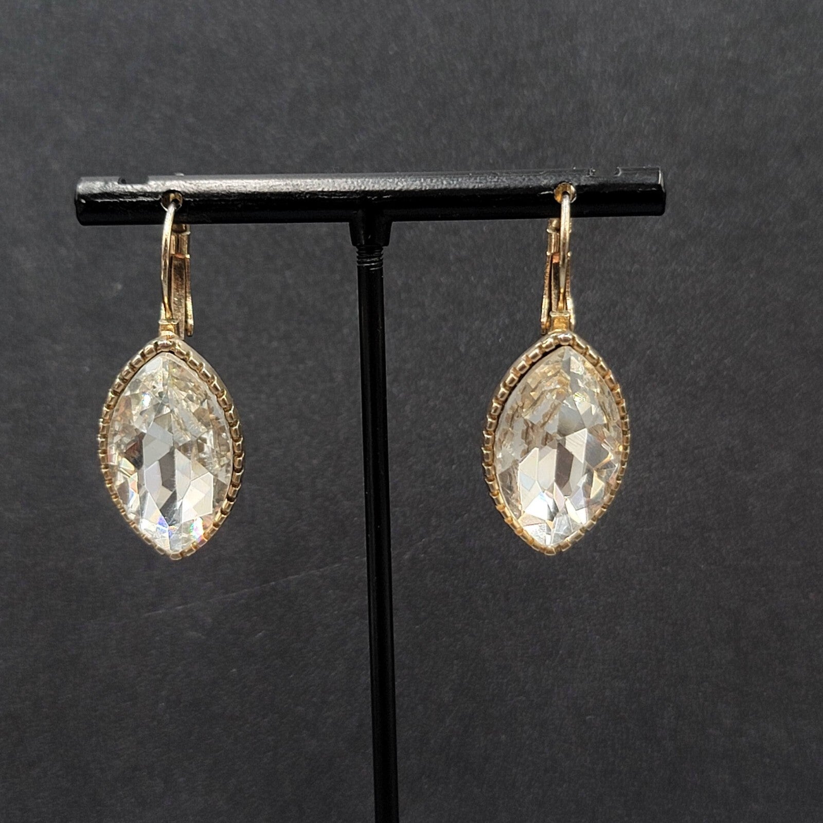 Pierced Earrings Gold tone Glass Faceted Marquis Dangle 1"