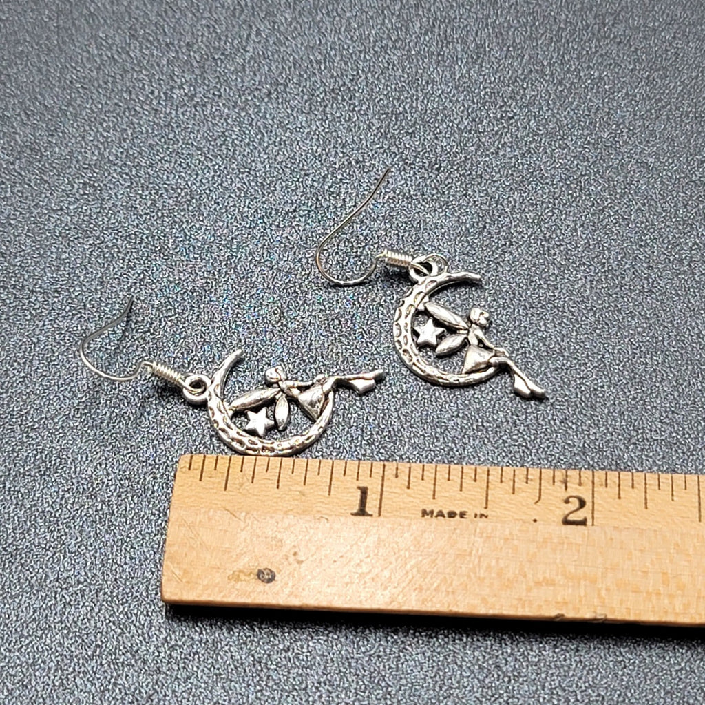 Fairy Moon Pierced Earrings Silver tone Dangle  1"
