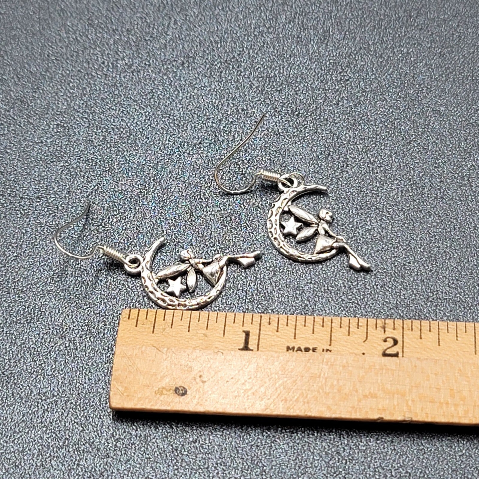 Fairy Moon Pierced Earrings Silver tone Dangle  1"