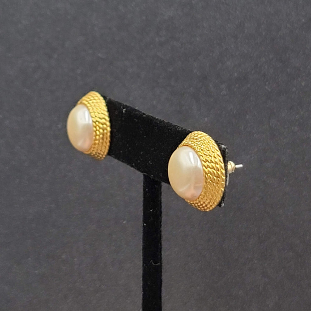 Vintage Pierced Earrings Gold Plated White Round Cabochon Studs 5/8"