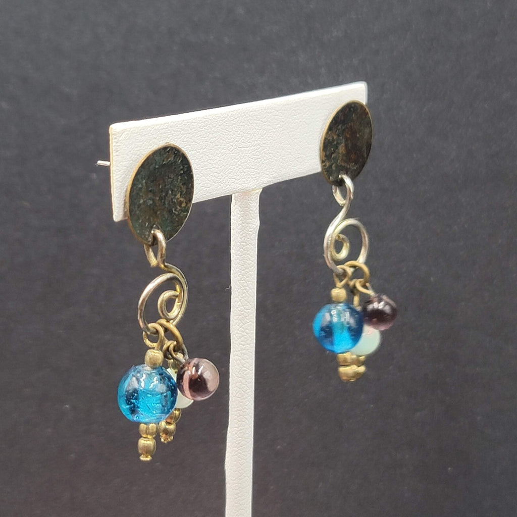 Pierced Earrings Tri tone Metals Glass Bead Modernist Dangle 1.75"