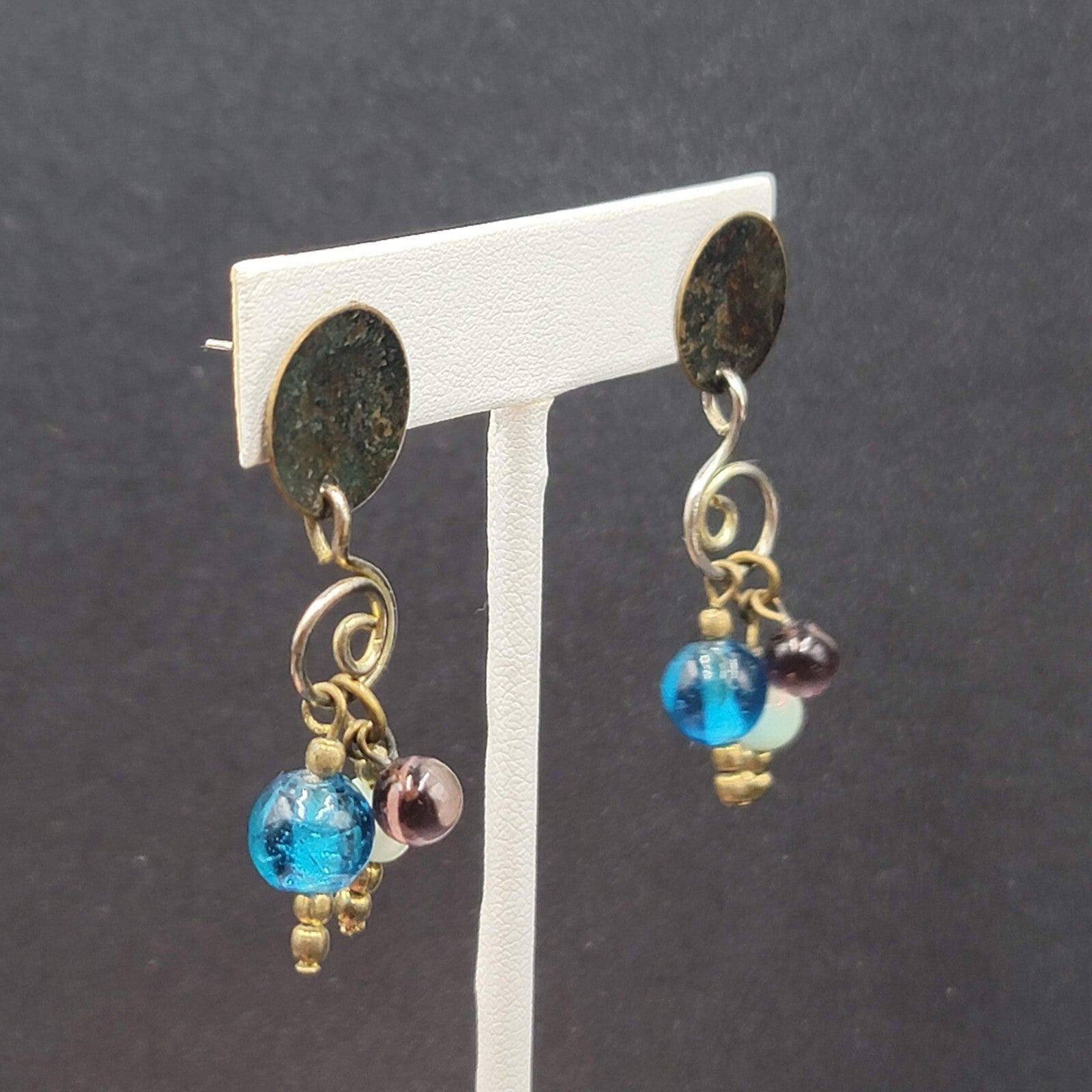Pierced Earrings Tri tone Metals Glass Bead Modernist Dangle 1.75"