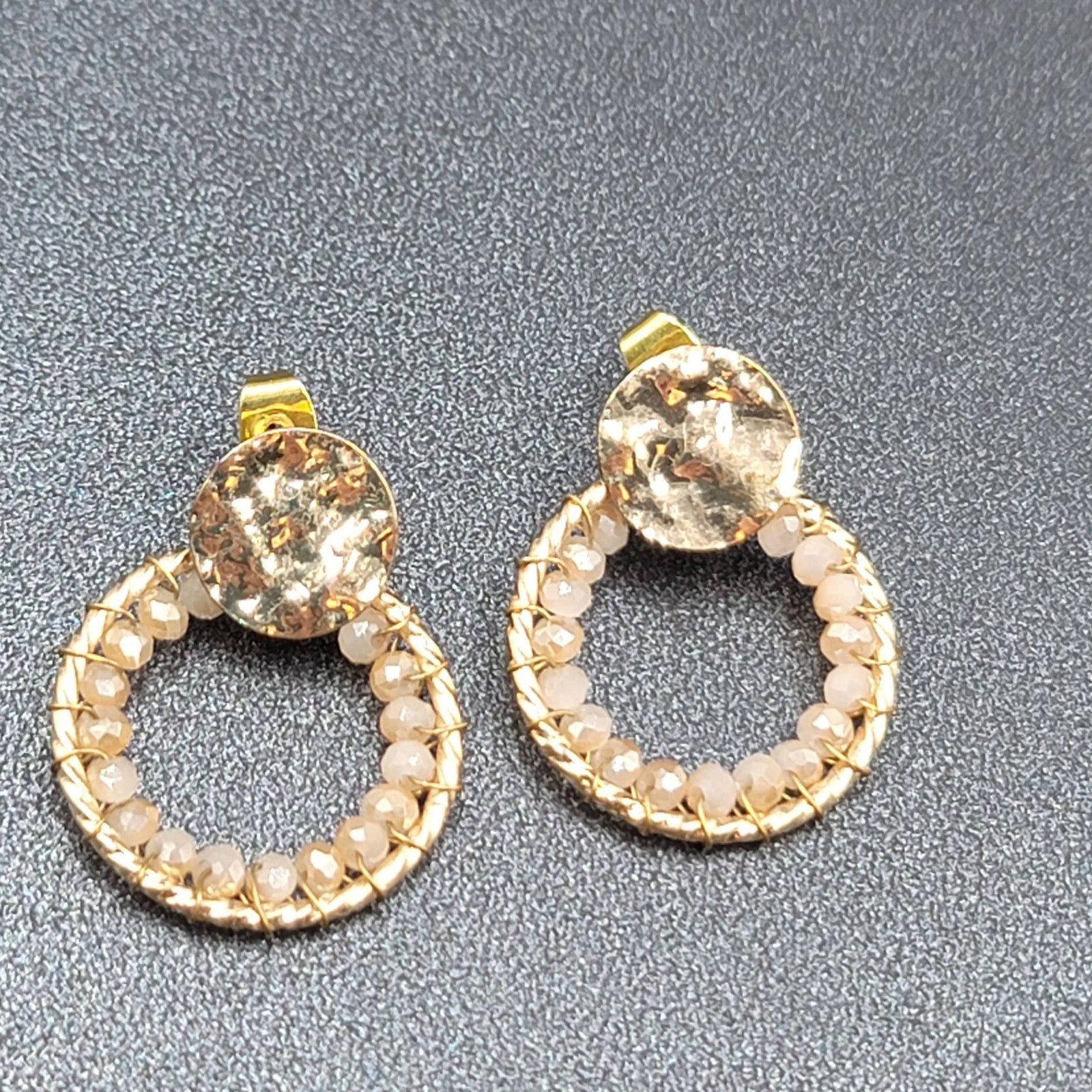 Pierced Earrings Gold tone Quartz Bead Hoops Drop 1"