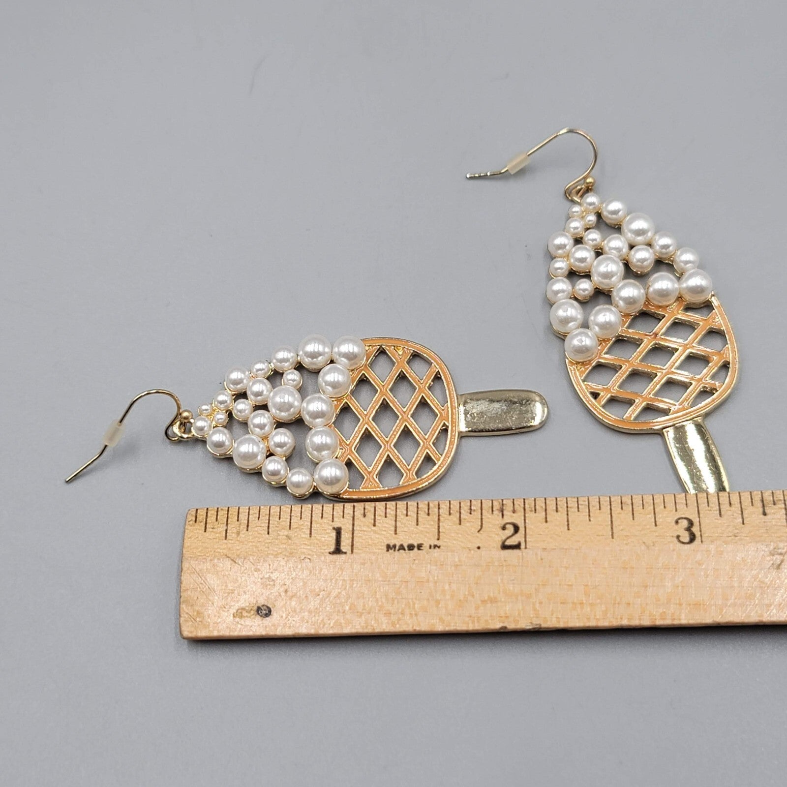 Dessert Ice Cream Bar Pierced Earrings Gold tone Dangle Faux Pearl 2.25"