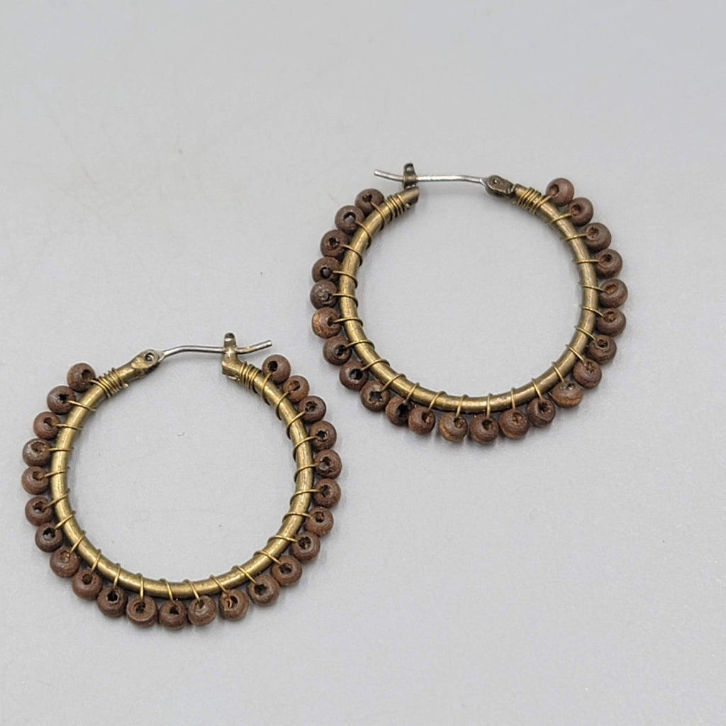 Wood Bead Hoops Pierced Earrings Bronze tone 1 3/8 in
