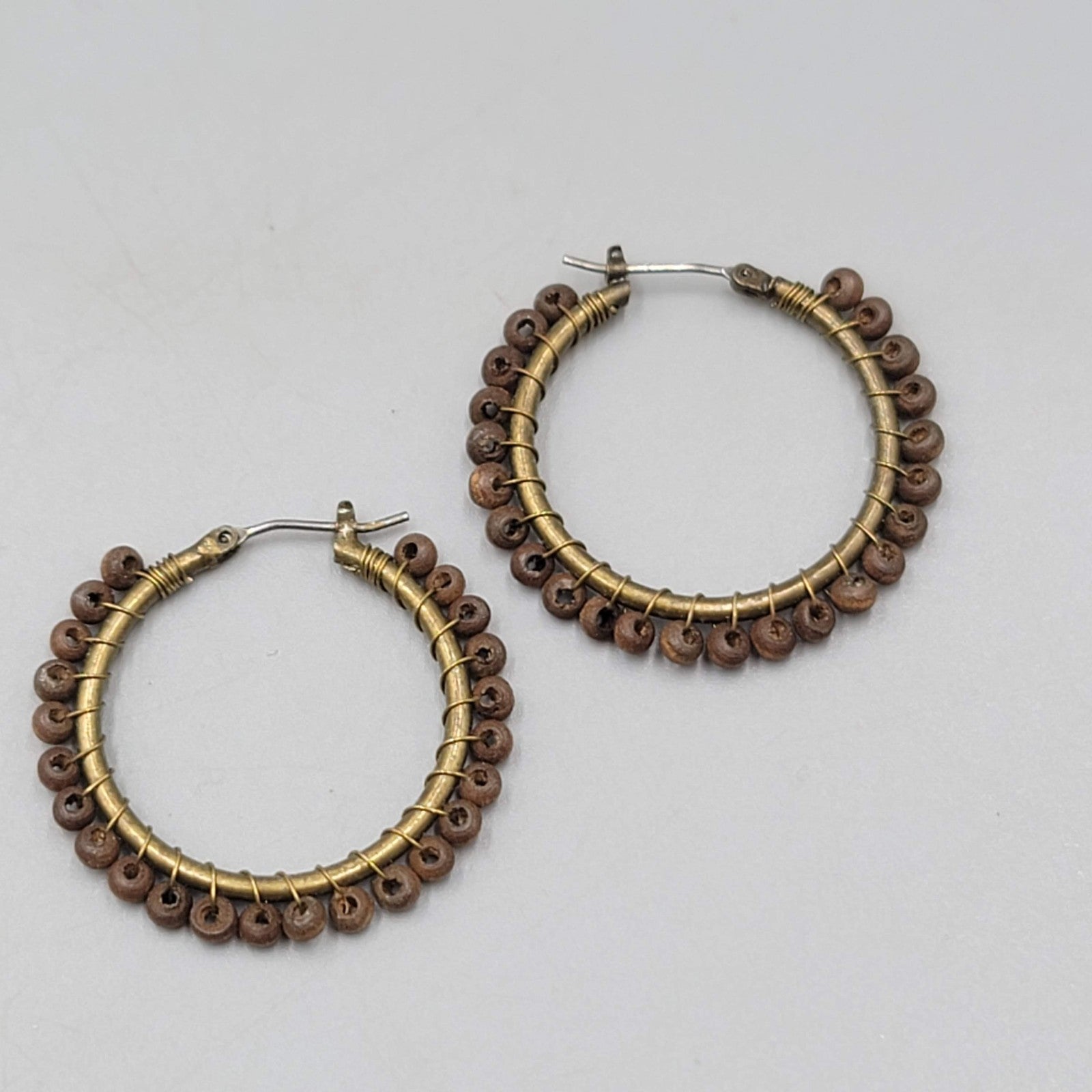 Wood Bead Hoops Pierced Earrings Bronze tone 1 3/8 in