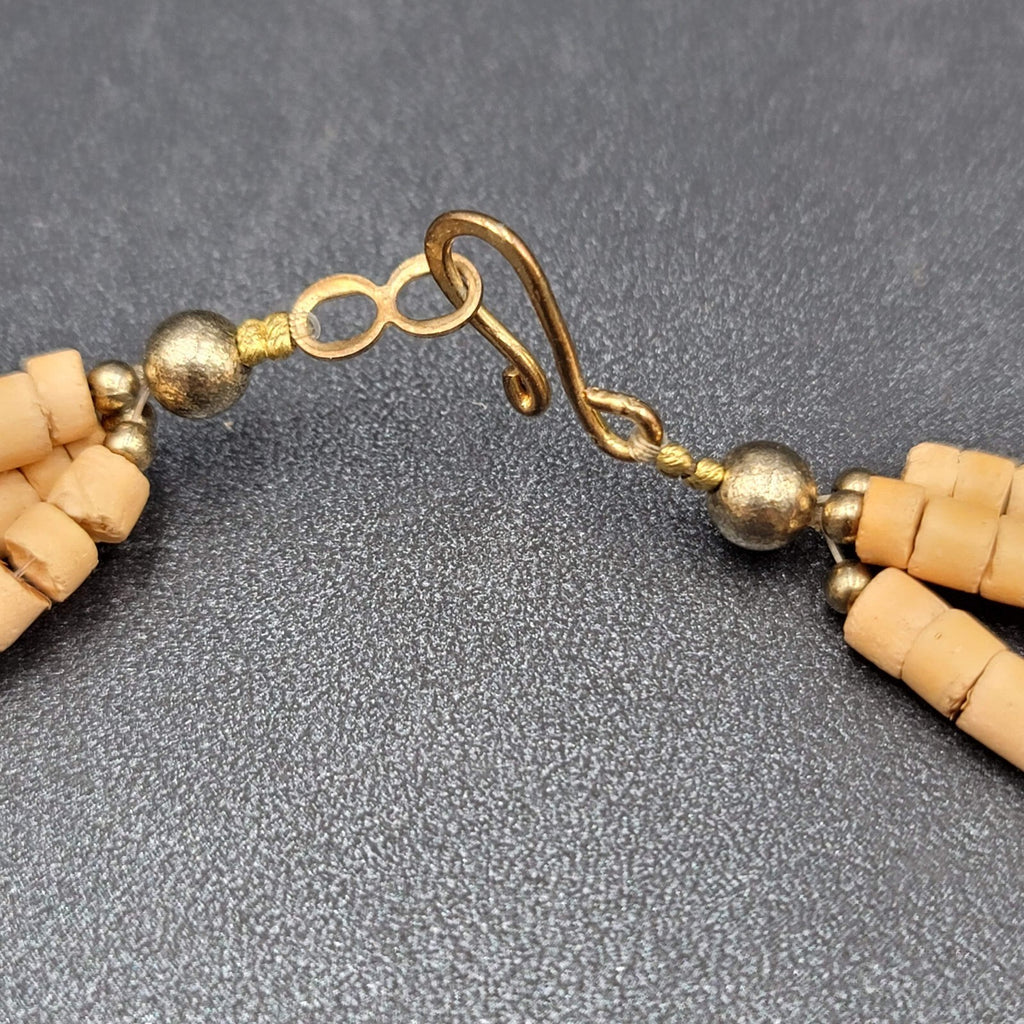 Vintage Necklace Wood Bead Shell Gold tone Boho Estate Costume Jewelry 24"