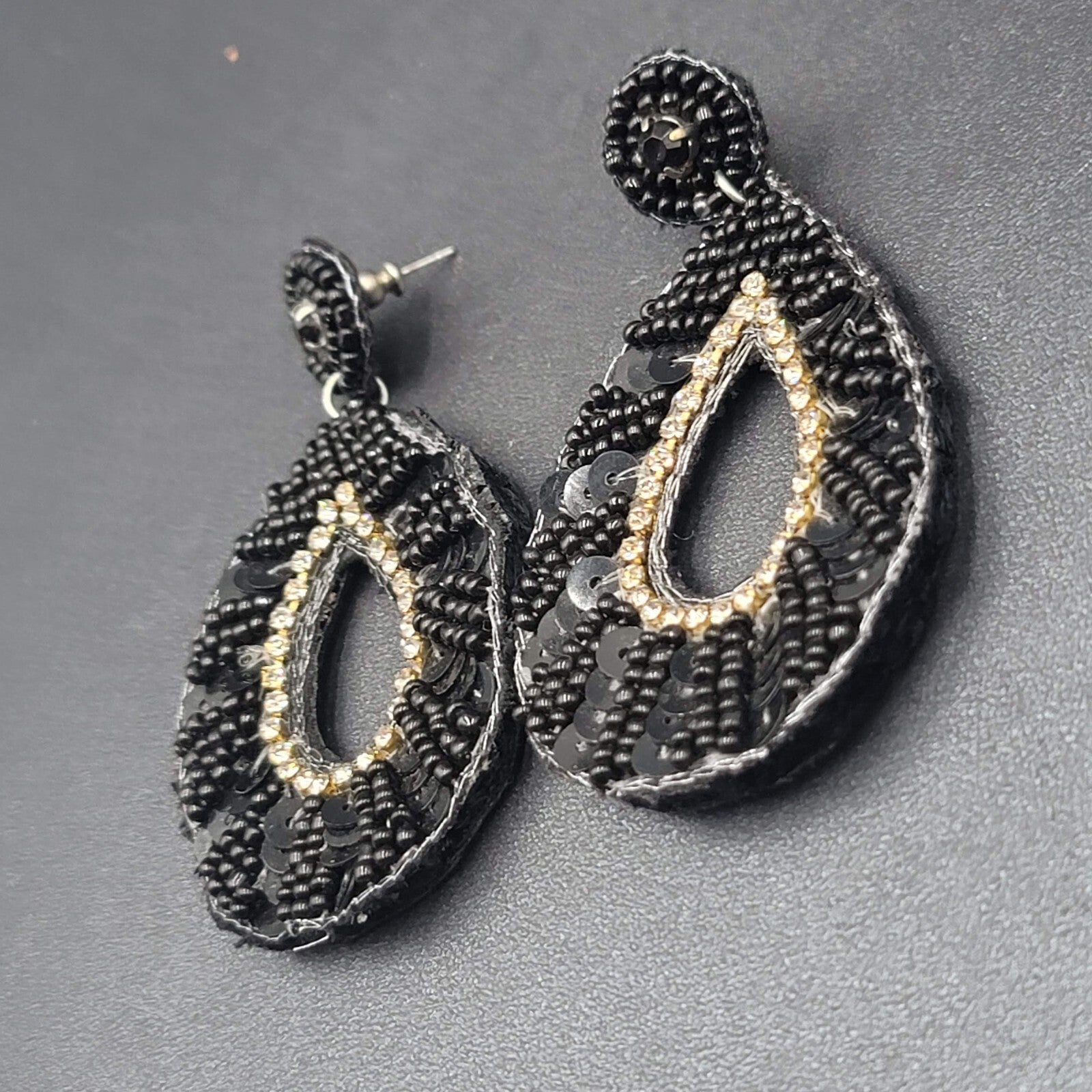 Pierced Earrings Black Felt Seed Beaded Rhinestone Runway Dangle 3"