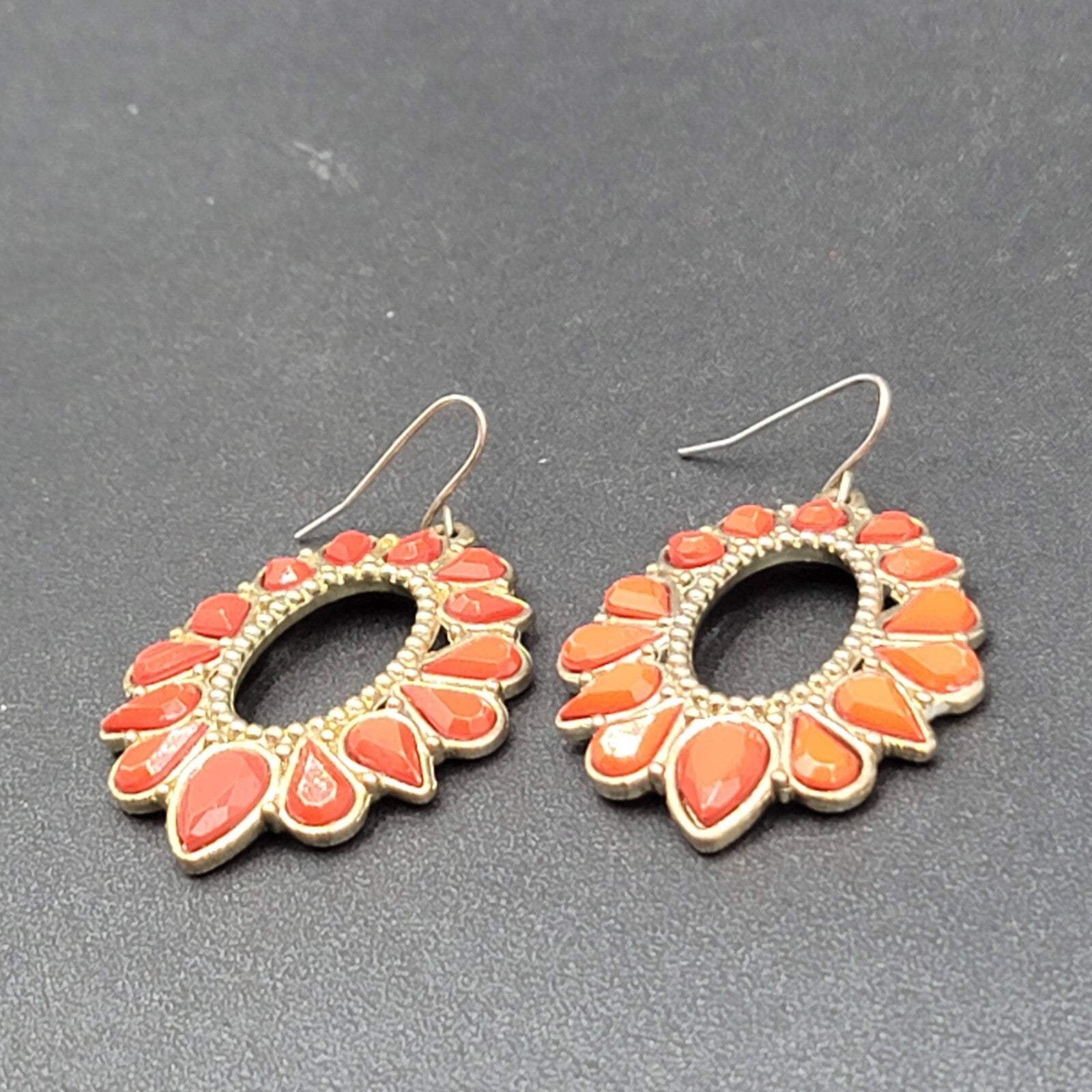 Pierced Earrings Gold tone Orange Open Teardrop Dangle 1.75"