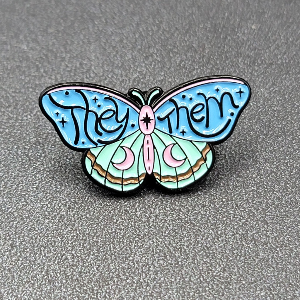 Moth They Them Pronouns BlueEnamel Lapel Hat Pin 1 1/8"