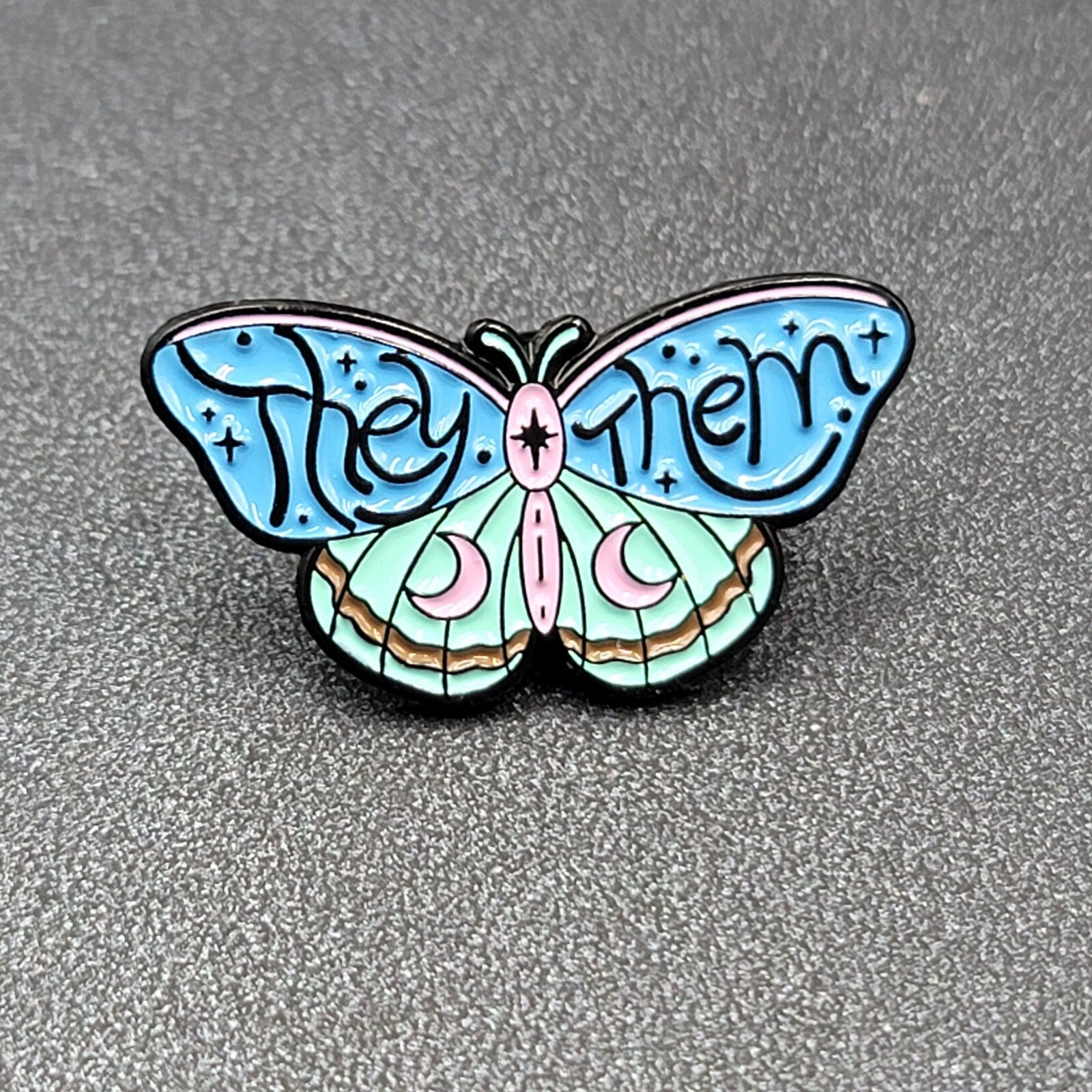 Moth They Them Pronouns BlueEnamel Lapel Hat Pin 1 1/8"