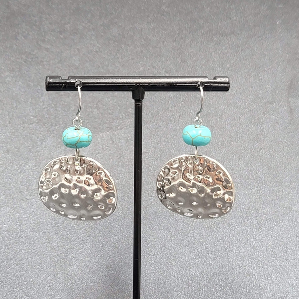 Pierced Earrings Hammered Silver tone Blue Howlite Stone Dangle  1.25"