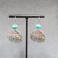Pierced Earrings Hammered Silver tone Blue Howlite Stone Dangle  1.25"