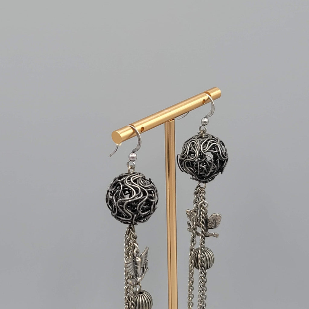 Extra Long Pierced Earrings Dark Gray Metal Bead Charms Dangle Chains 6.5 in