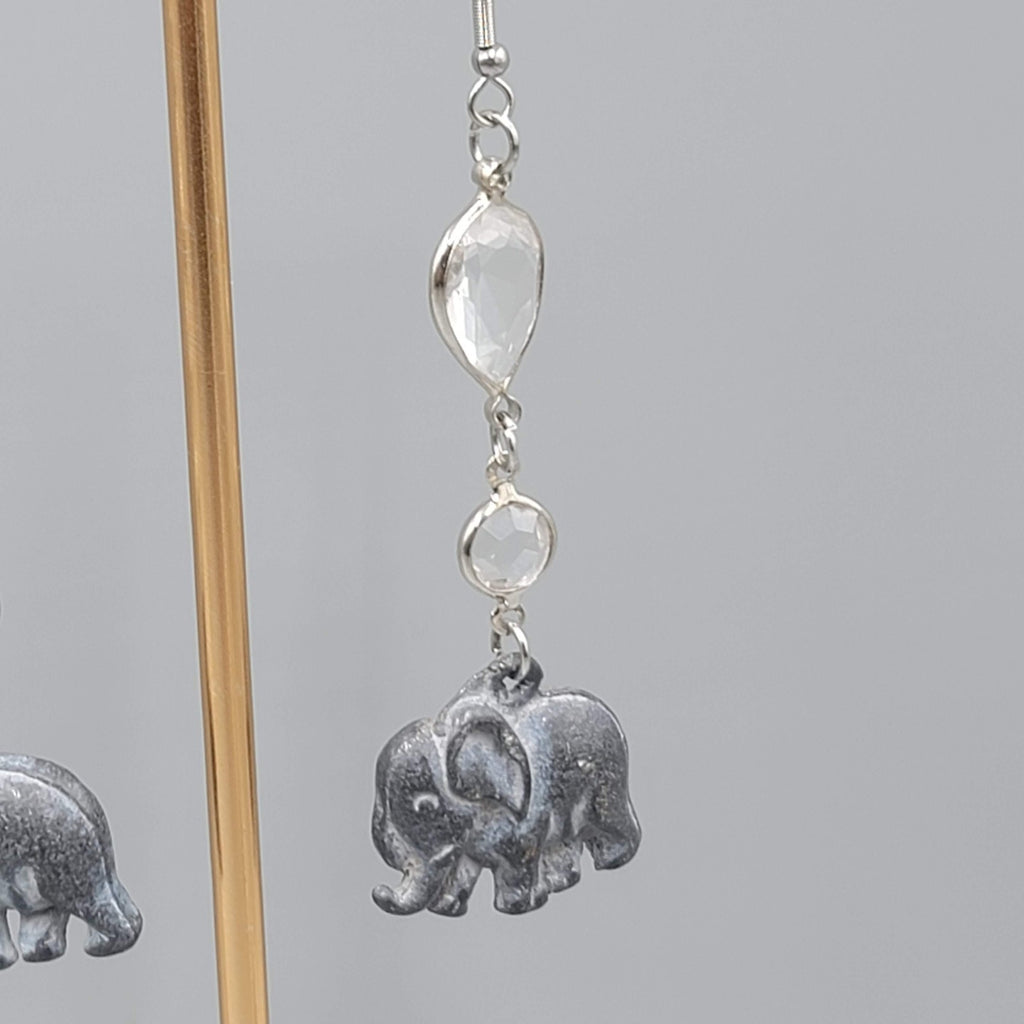Pewter Elephant Pierced Earrings Silver tone Dangle  2.5 in