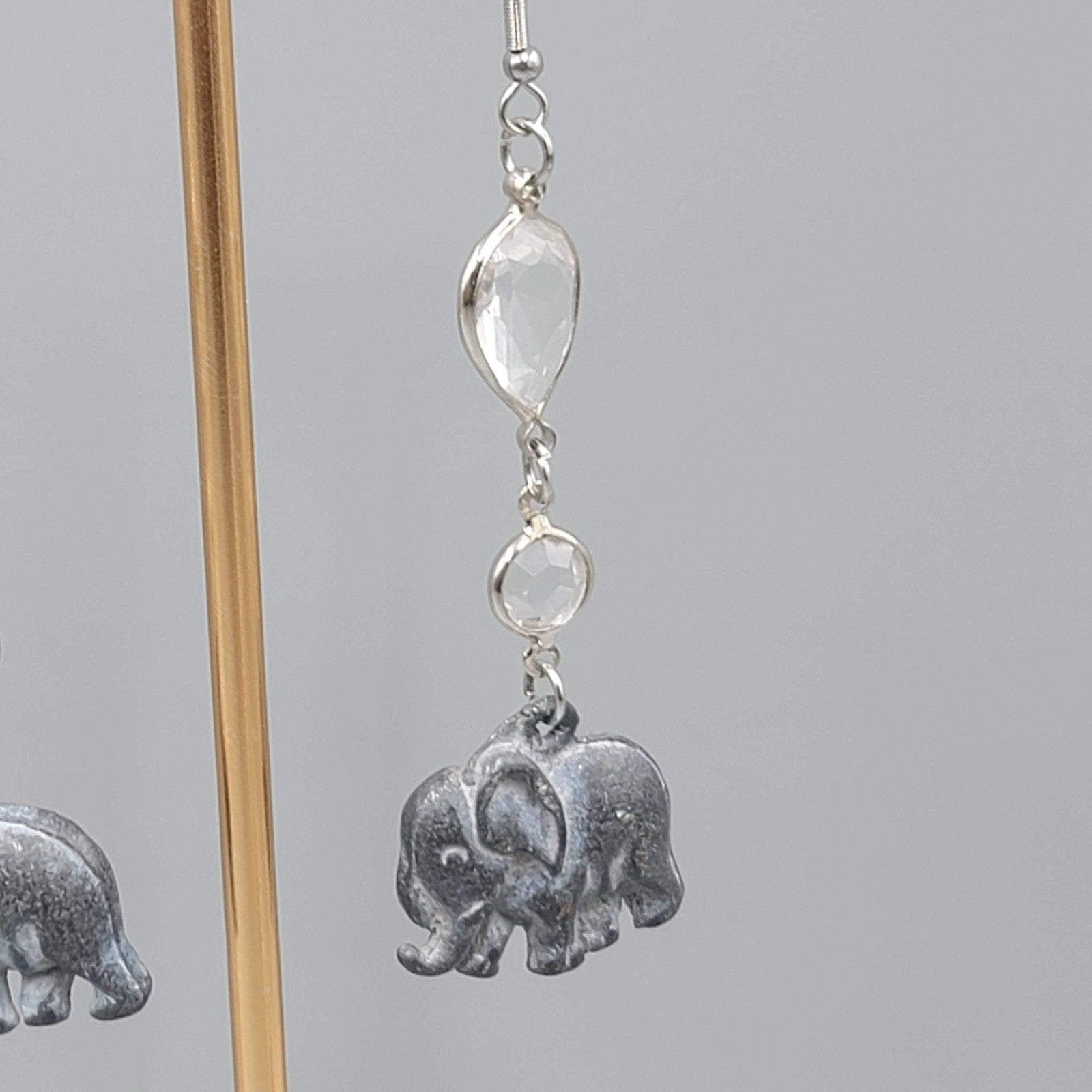 Pewter Elephant Pierced Earrings Silver tone Dangle  2.5 in