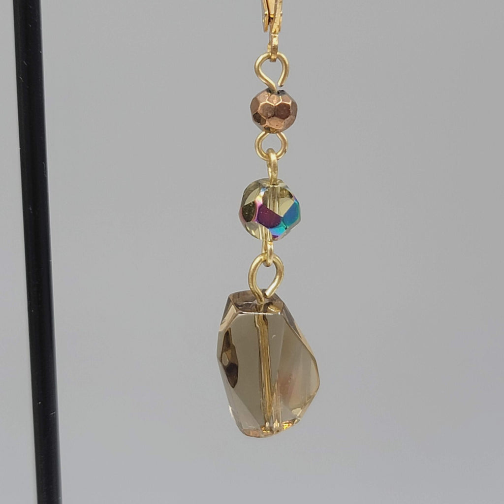 Glass AB Bead Pierced Earrings Gold tone Aurora Borealis Dangle 1.5"