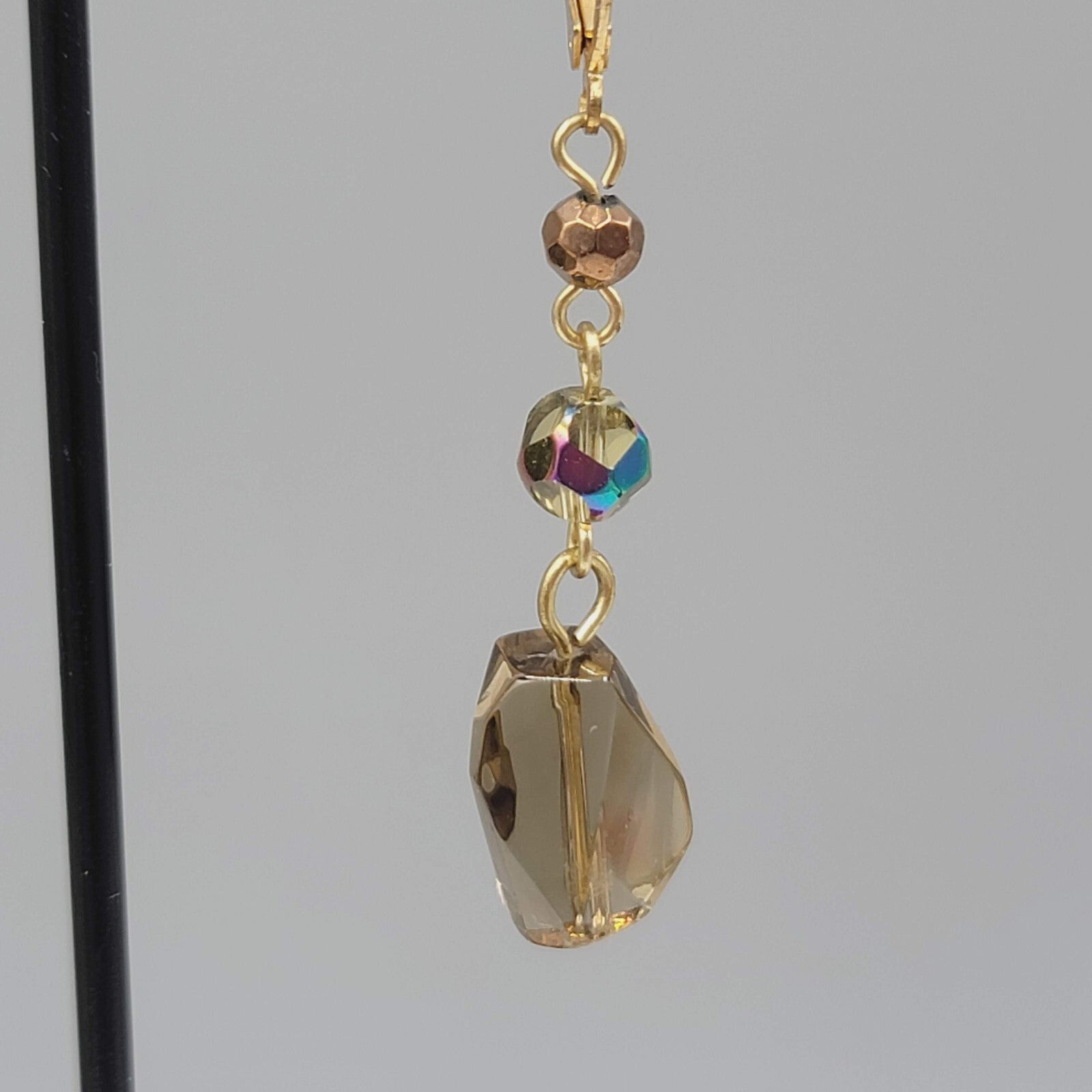 Glass AB Bead Pierced Earrings Gold tone Aurora Borealis Dangle 1.5"