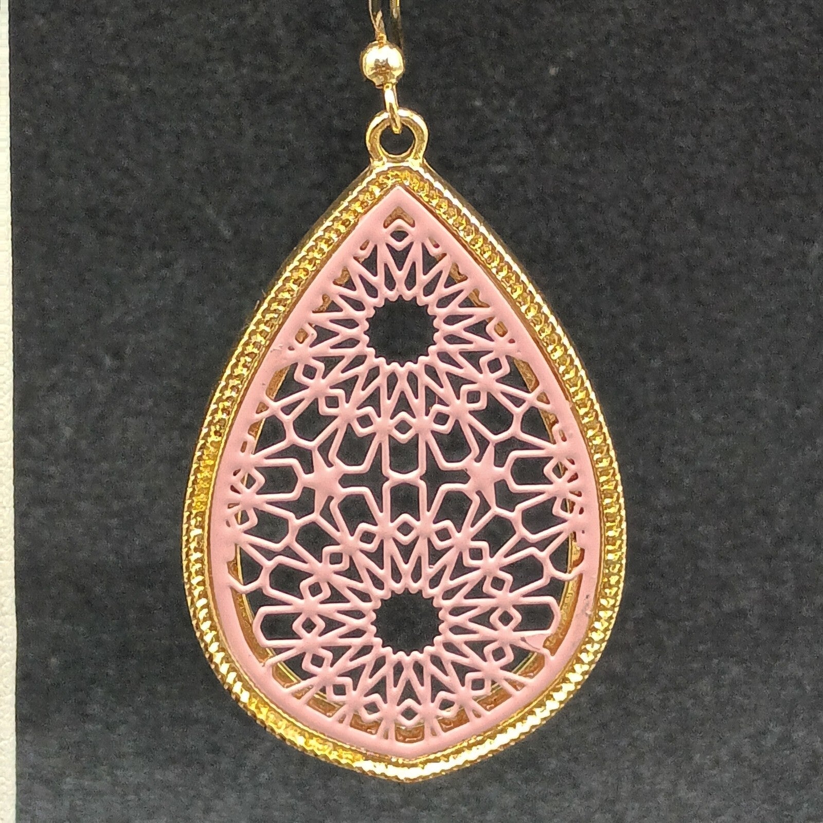 Pierced Earrings Gold tone Pink Acrylic Open Work Teardrop Dangle  1 3/4"