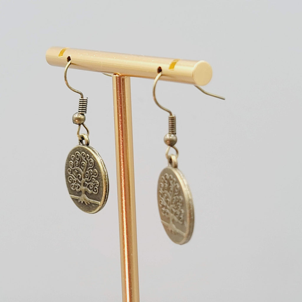 Round Tree Pierced Earrings Bronze tone Embossed Dangle 5/8"