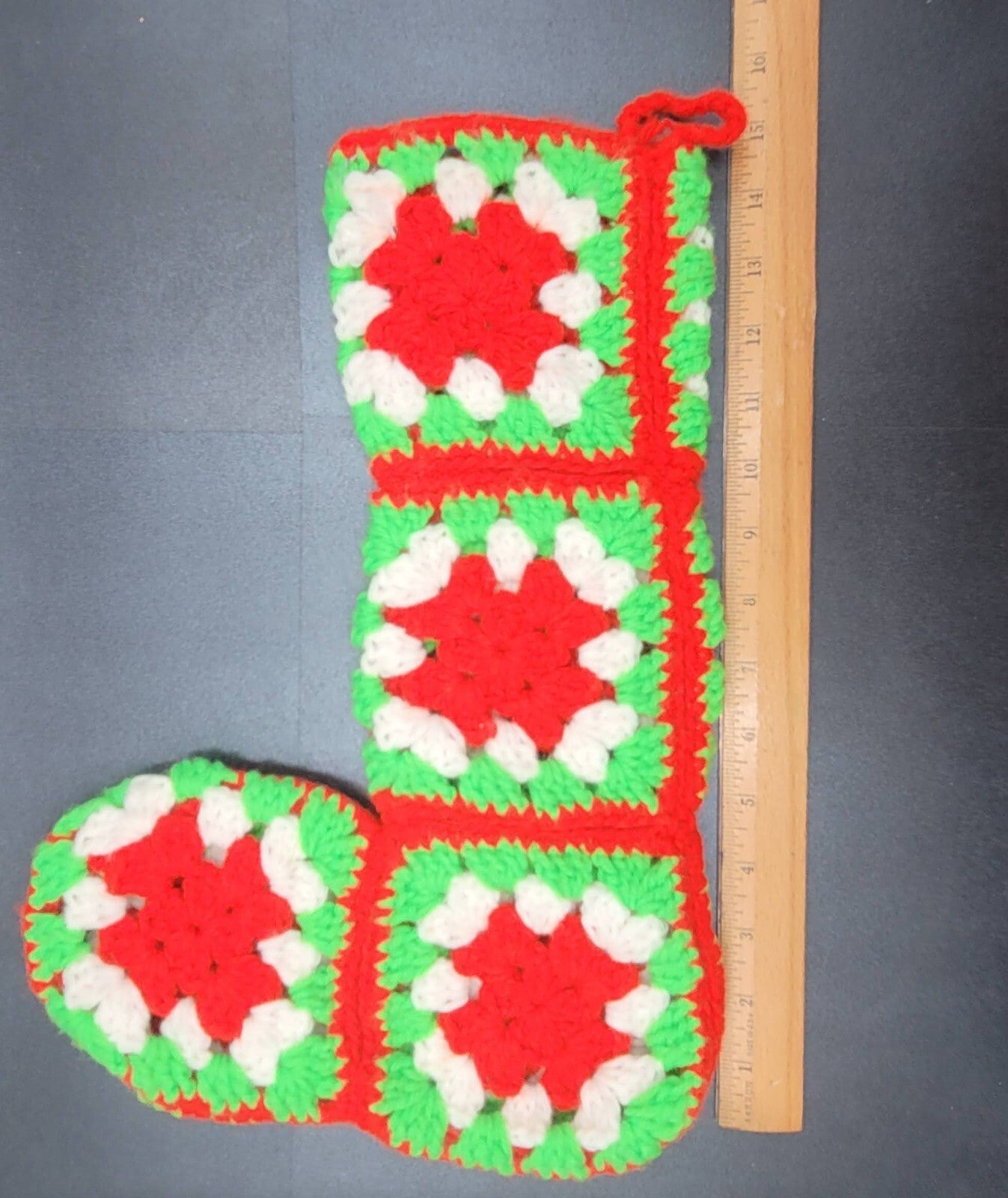Handmade Crocheted Granny Square Red Green White Christmas Stocking 15"