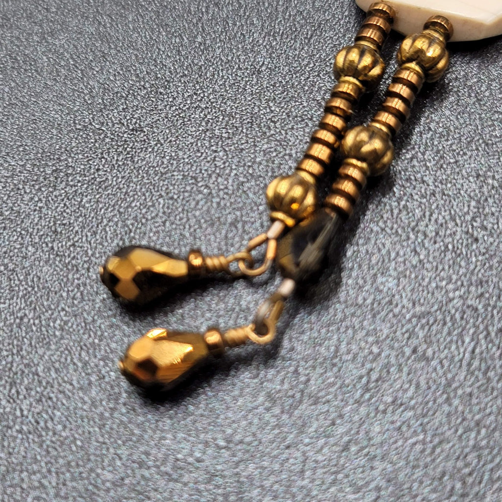 Signed Holly Necklace Gold tone Seed Bead White Stone Pendant Tassels 16"-18"