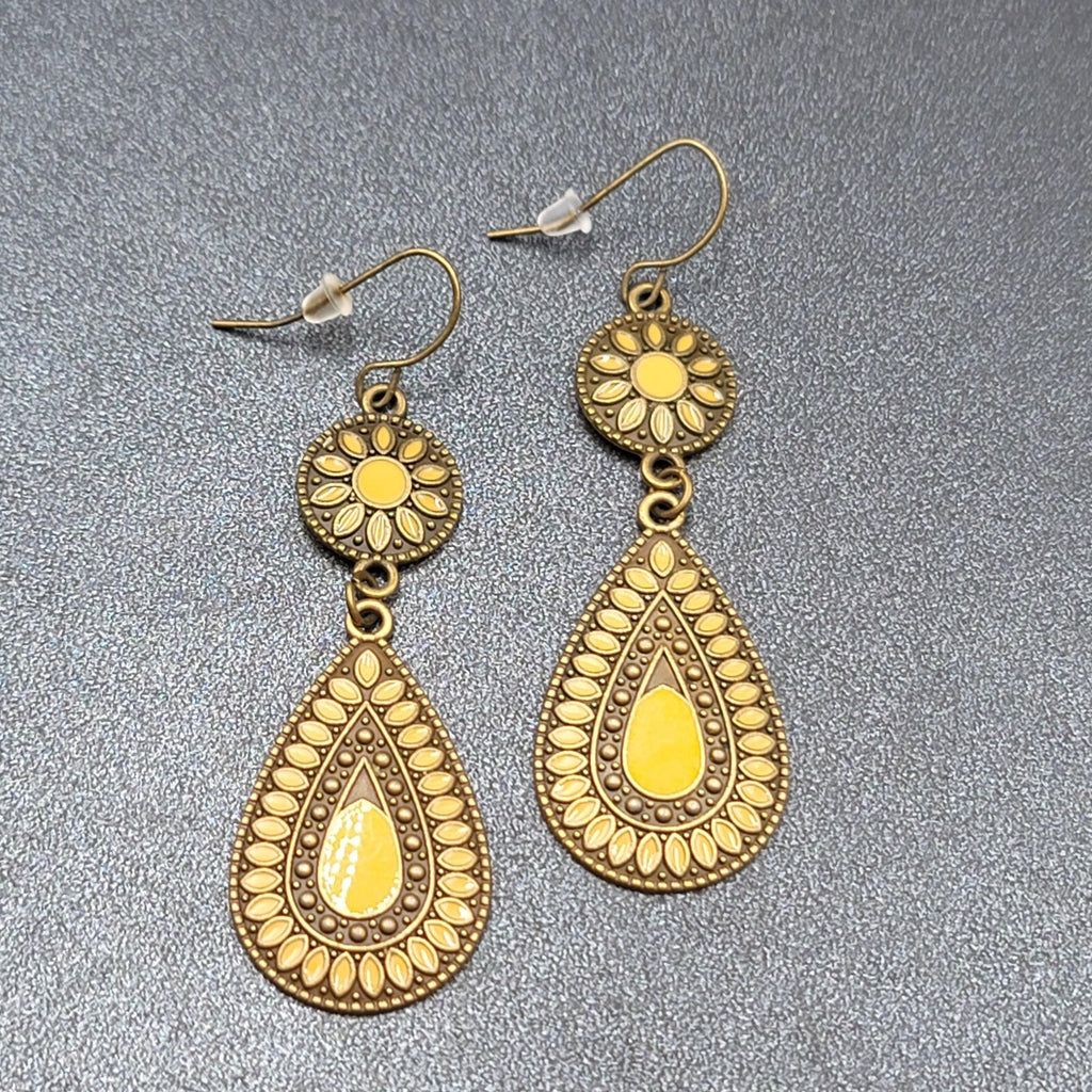 New Boho Pierced Earrings Antiqued Gold tone Lt Orange Enamel Teardrop Dangle 2"