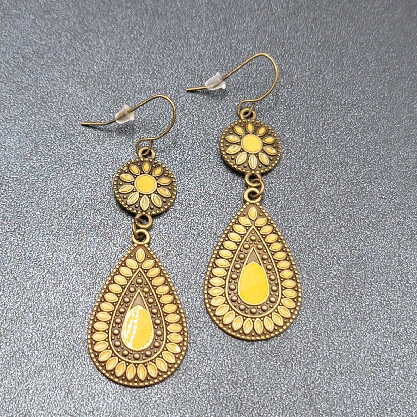 New Boho Pierced Earrings Antiqued Gold tone Lt Orange Enamel Teardrop Dangle 2"