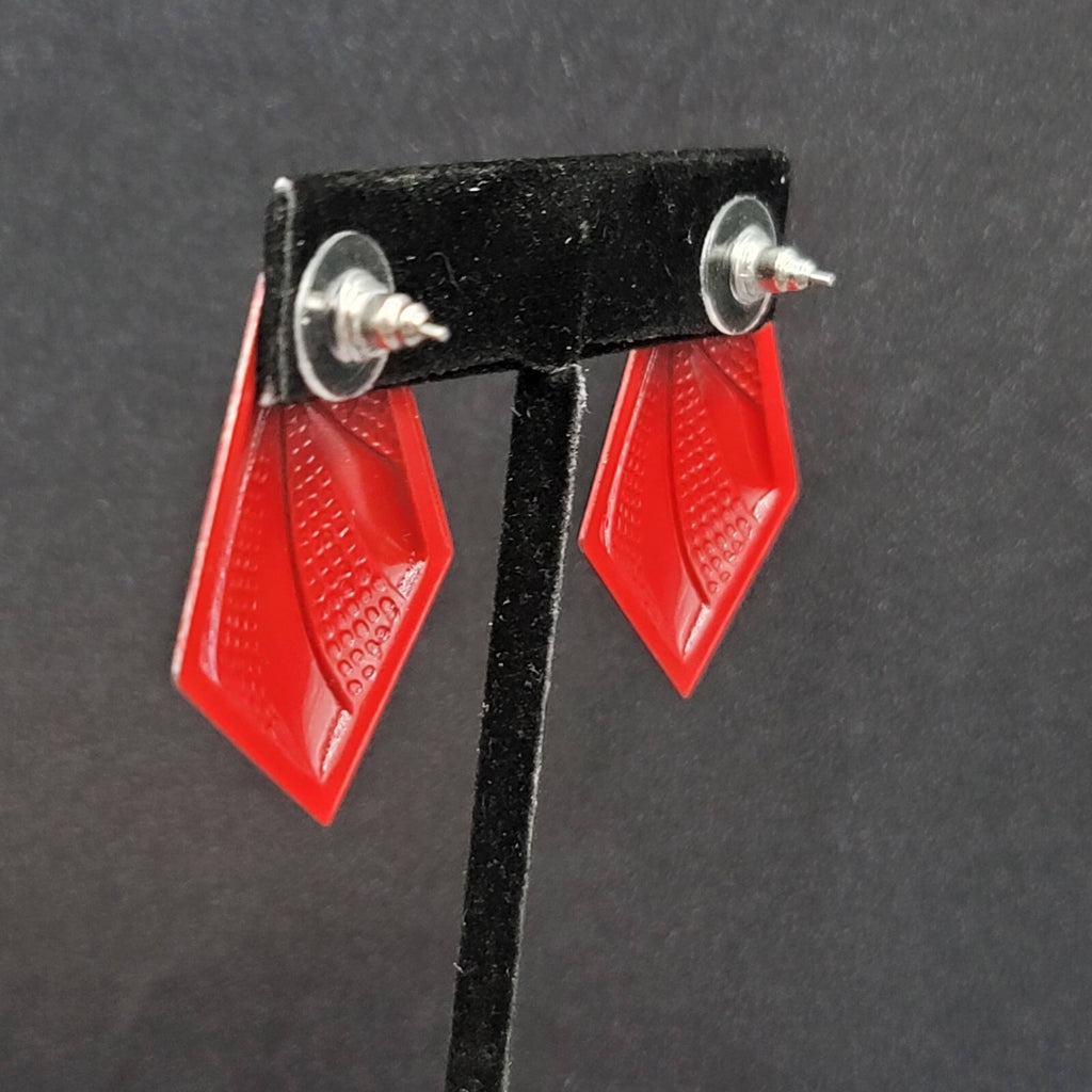 Vintage Pierced Earrings Red Embossed Enamel over Metal Drop 1.5"