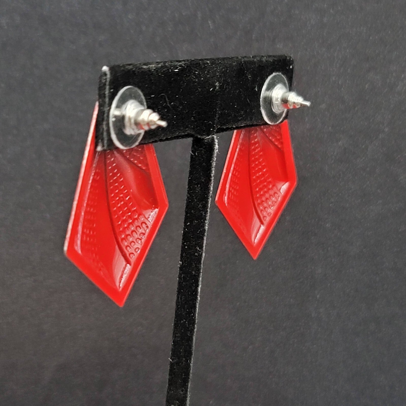 Vintage Pierced Earrings Red Embossed Enamel over Metal Drop 1.5"