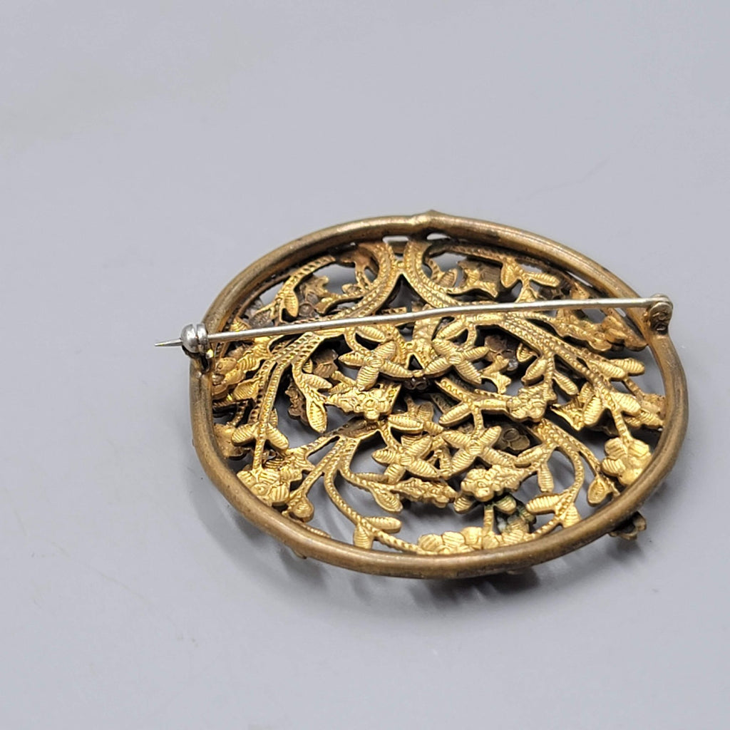 Vintage Antique Filigree Flower Brooch Gold tone 2.25 in
