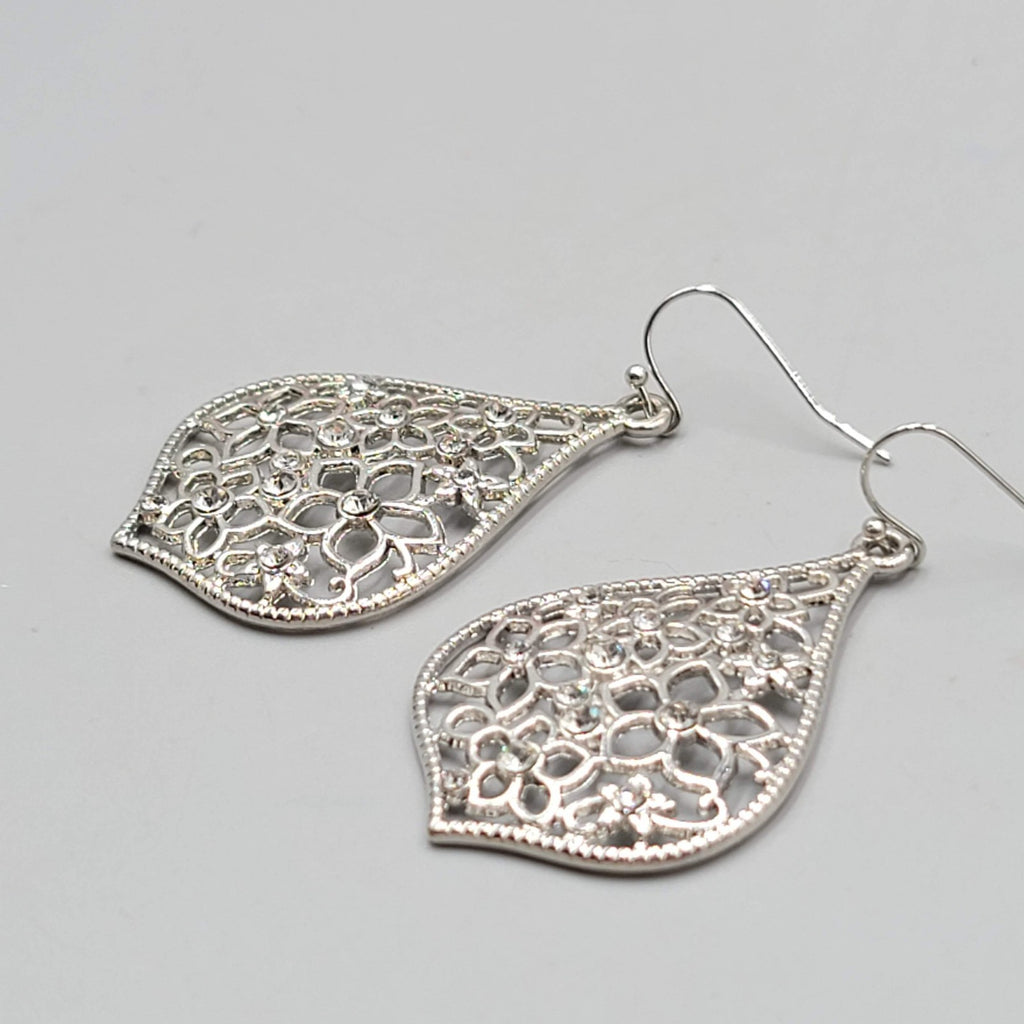 Open Work Rhinestone Pierced Earrings Silver toen Dangle 1.75"