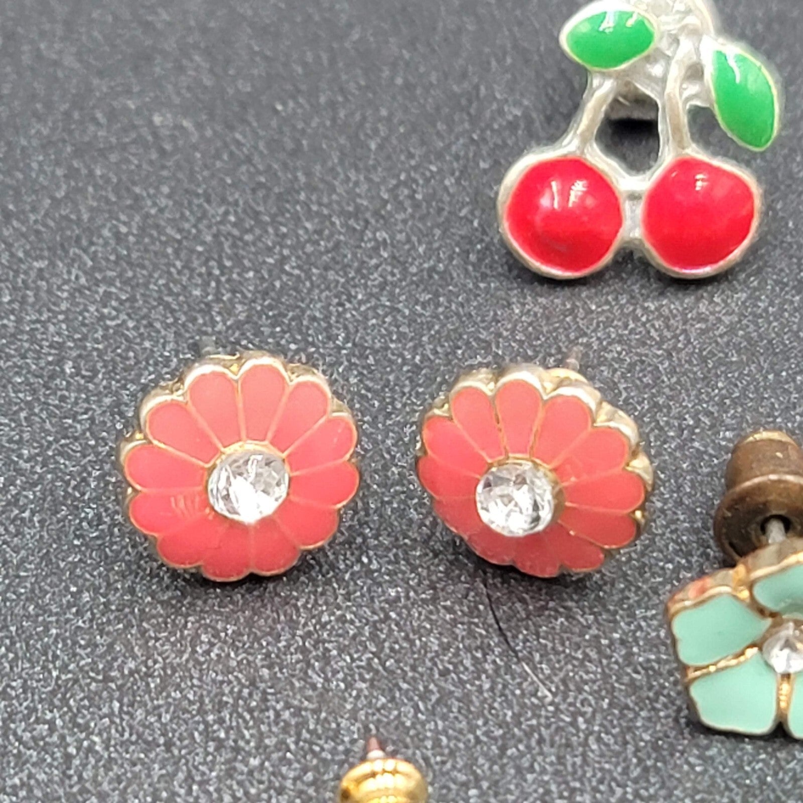 Lot of 5 Pierced Earrings Studs Cherrys Enamel Flowers Rhinestone Gold tone