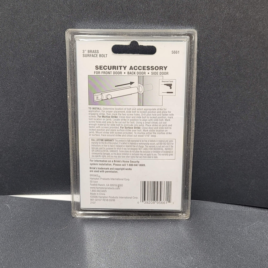 Brinks Hardware Brass Surface Bolt 5661 3 in NEW