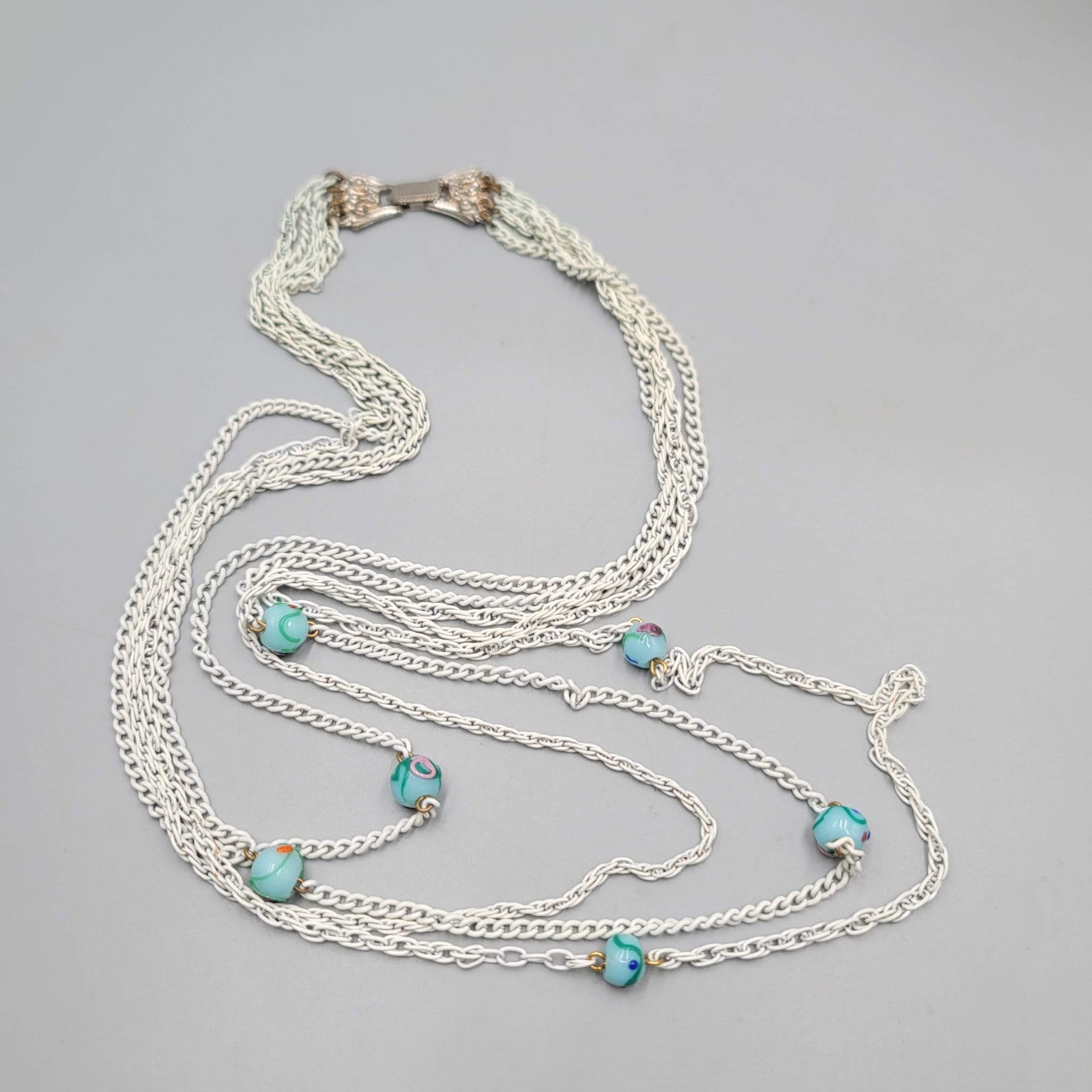 Vintage Art Glass Beads Necklace White Enamel Multi Chain 22" Shortest Length