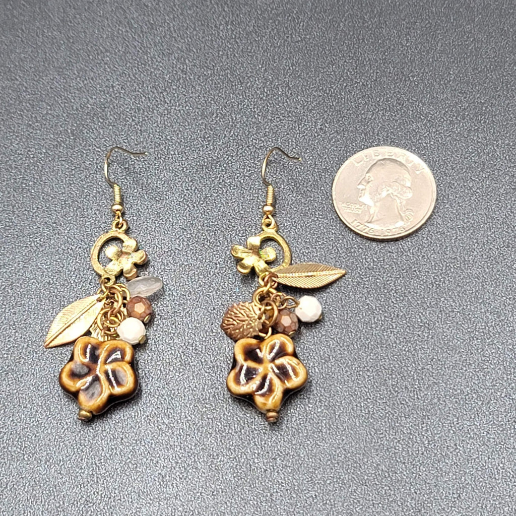 Pierced Earrings Gold tone Pottery Flower Bead Dangle Leaves 2"