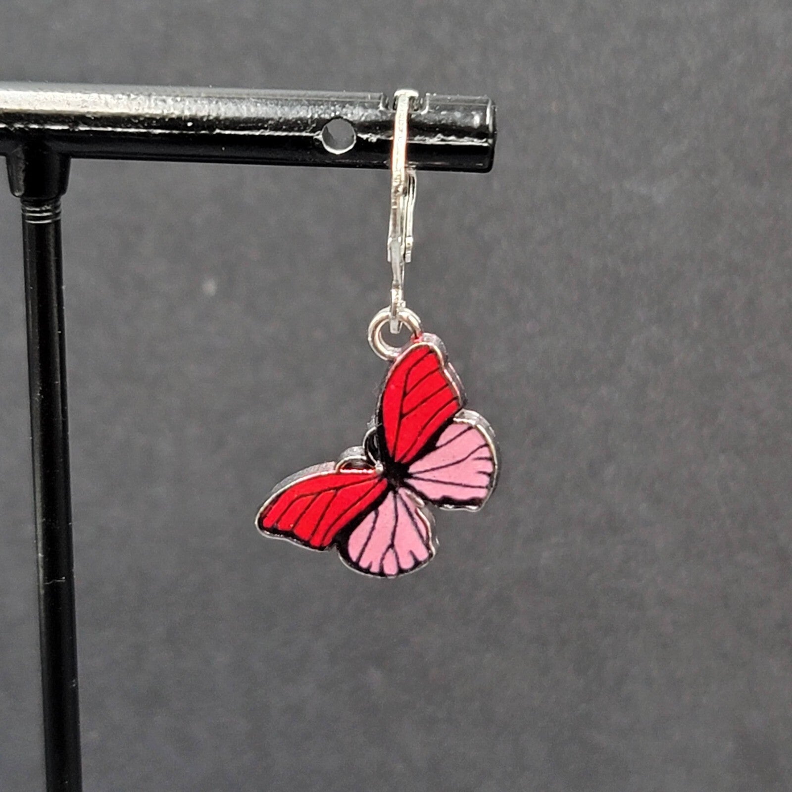 Pierced Earrings Silver tone Pink Butterfly Dangle 3/4"