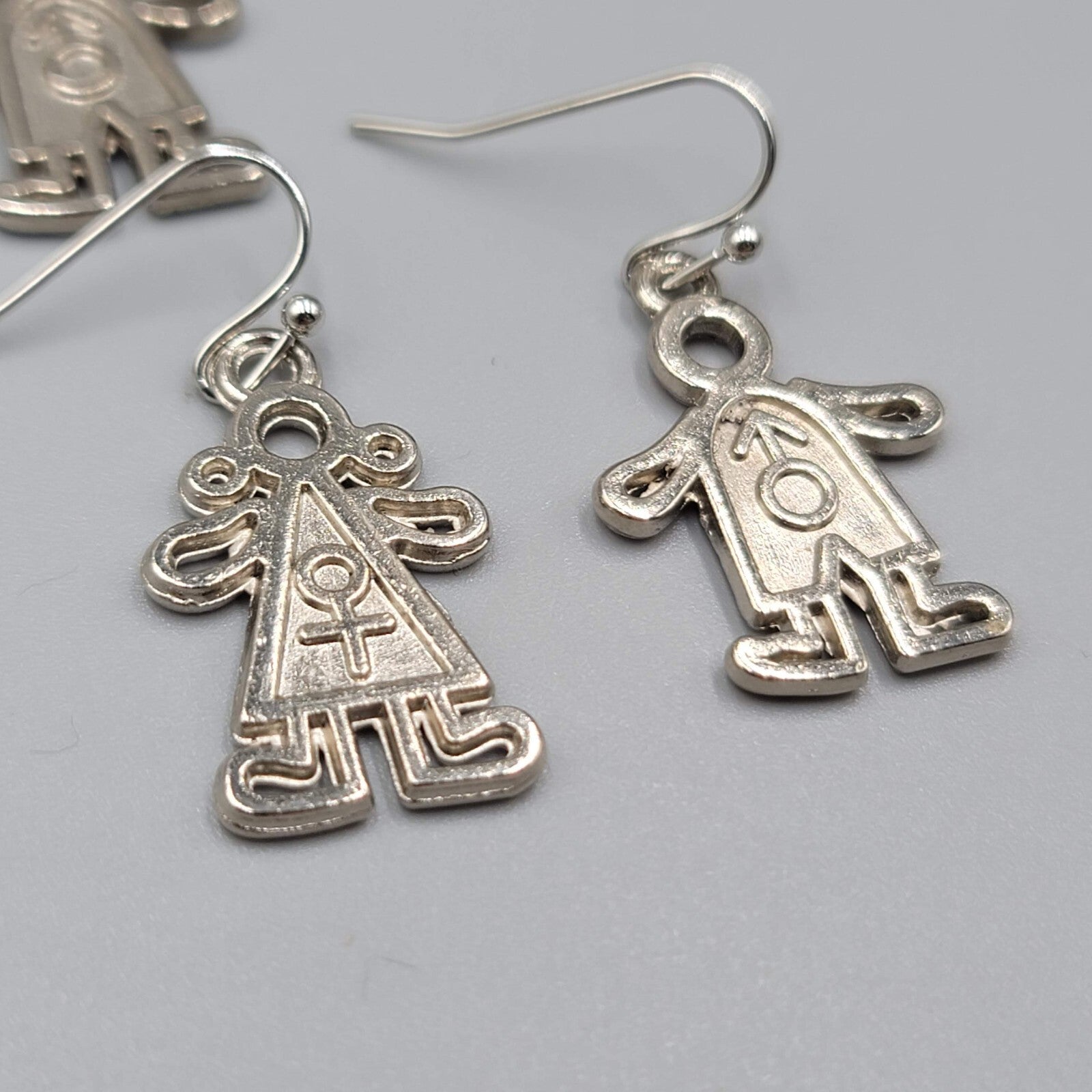 Boy Girl Pierced Earrings Mix Match Silver tone Dangle 1"