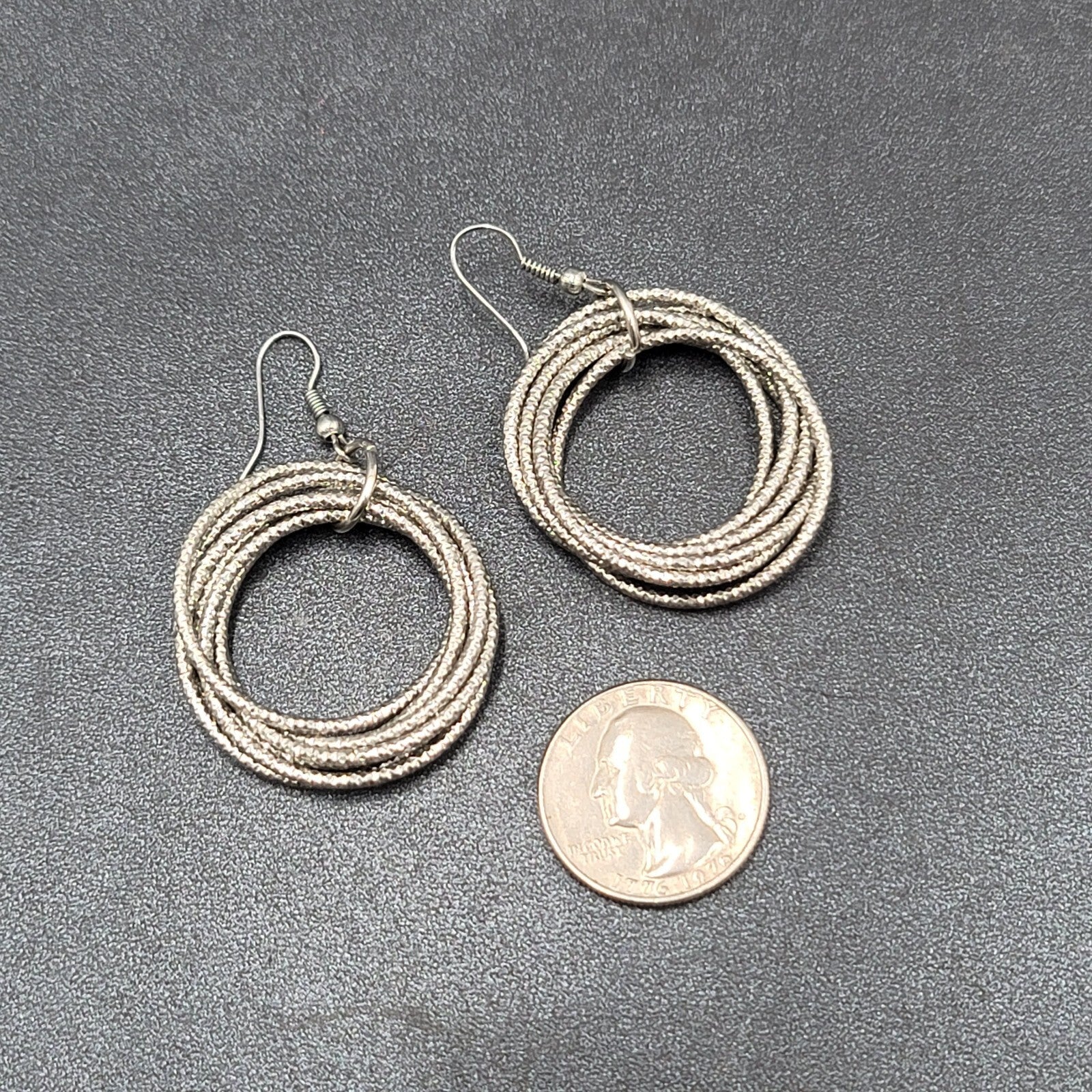 Pierced Earrings Silver tone Textured Multi Hoops Dangle 1.5"