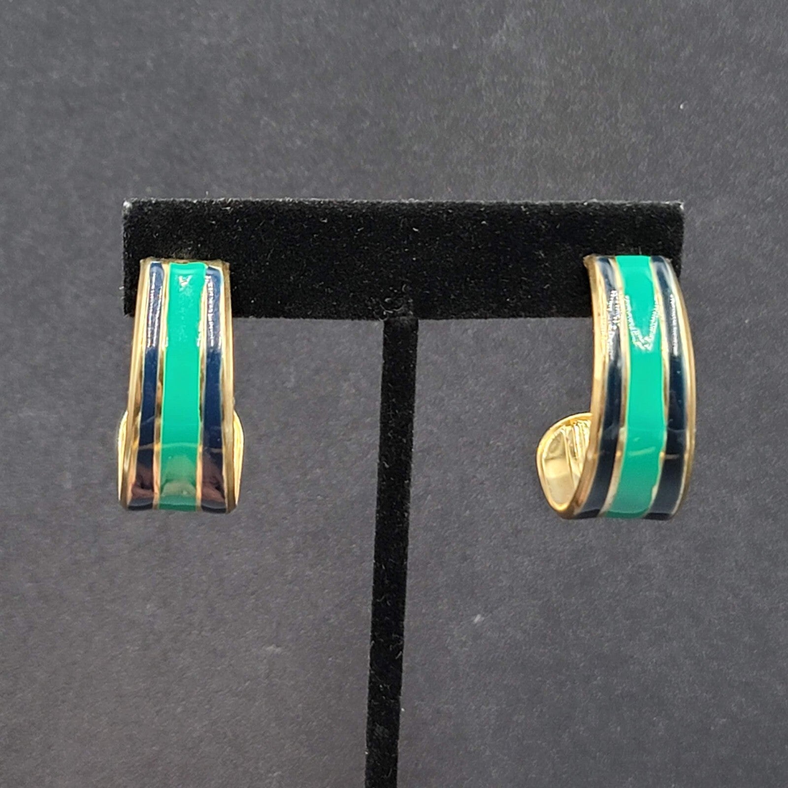 Vintage Pierced Earrings Gold tone Green Black Enamel Hoops 1.25"